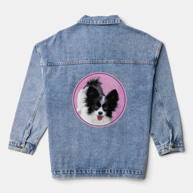 Papillon (weiß und schwarz) Malerei - Hundekunst Jeansjacke (Rückseite)