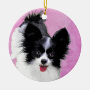 Papillon (weiß und schwarz) Malerei - Hundekunst Keramik Ornament