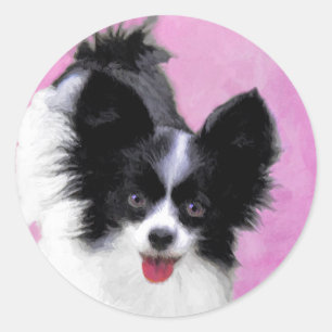 Papillon (weiß und schwarz) Malerei - Hundekunst Runder Aufkleber
