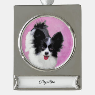 Papillon (weiß und schwarz) Malerei - Hundekunst S Banner-Ornament Silber