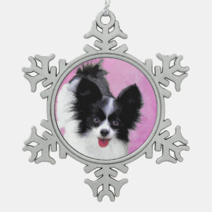 Papillon (weiß und schwarz) Malerei - Hundekunst Schneeflocken Zinn-Ornament