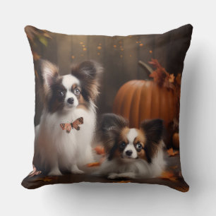 Papillon-Welpe Herbstfreude Kürbis Kissen