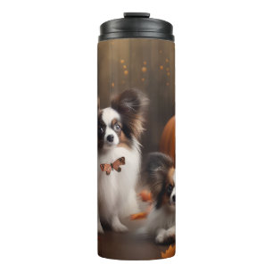 Papillon-Welpe Herbstfreude Kürbis Thermosbecher