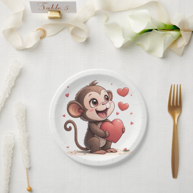 Papipteller Valentinstag Affe Rote Herzen  Pappteller (Hochzeit)