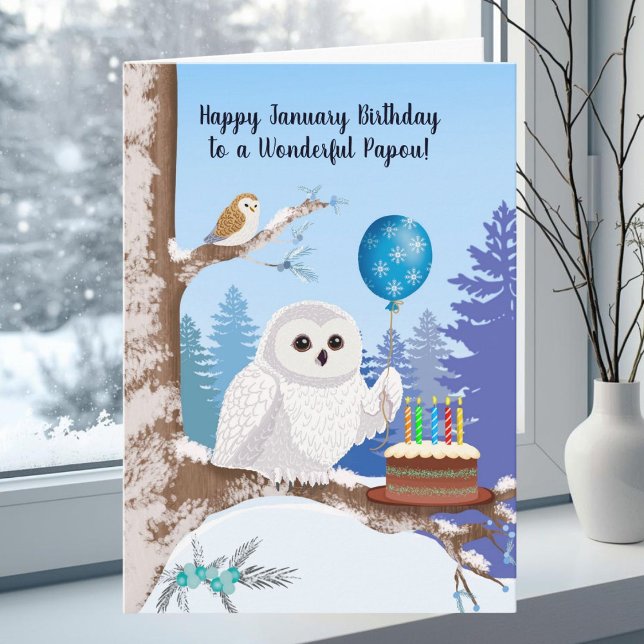 Papou Happy January Birthday Snowy Owl Karte (Von Creator hochgeladen)