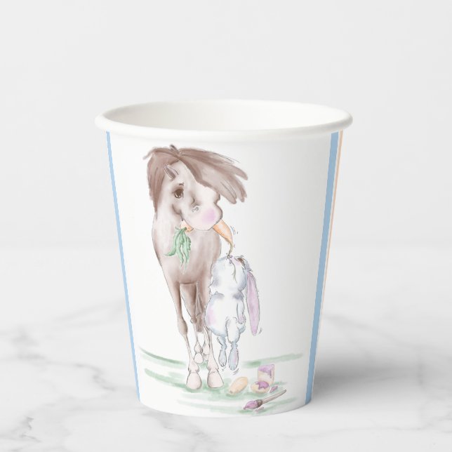 Pappbecher Osterparty mit Pferd und Osterhase (Vorderseite)