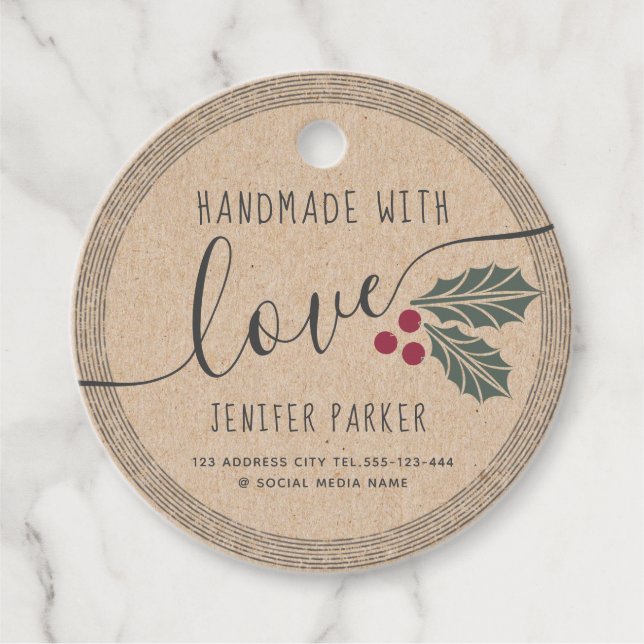 Pappschrift handgefertigt mit Heiligbeere Geschenkanhänger (Vorderseite)