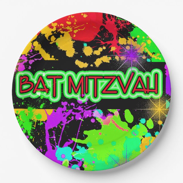Pappteller Bat Mitzvah Helle Neonfarbe (Vorderseite)