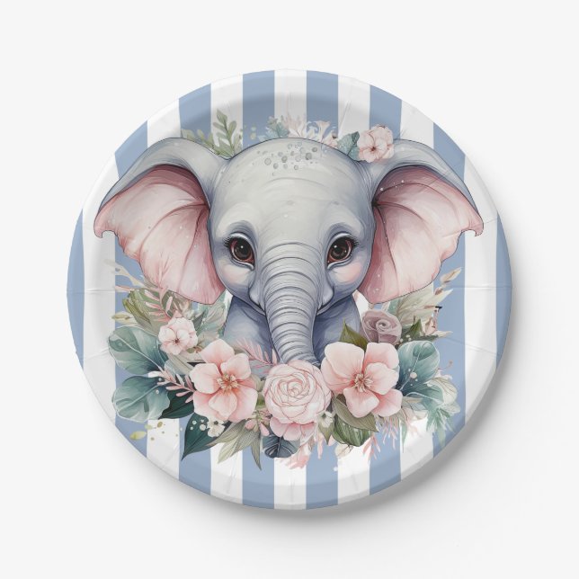 Pappteller, Blau und Weiß gestreifter Elefant Pappteller (Vorderseite)