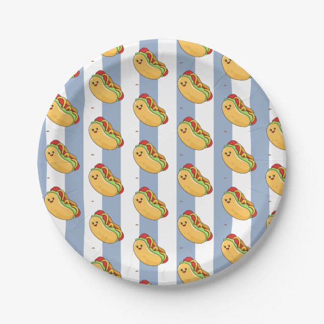 Pappteller, Blau & Weiß gestreift Hotdogs  Pappteller (Vorderseite)