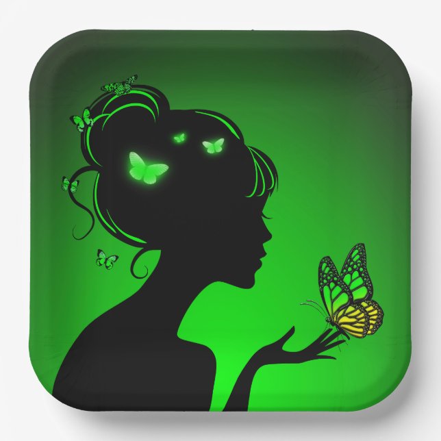 Pappteller Grüne Schmetterlingsfrau (Vorderseite)
