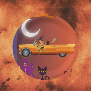 Pappteller Halloween Hexe im Auto