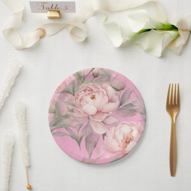 Pappteller mit rosa Pfingstrosen (Hochzeit)