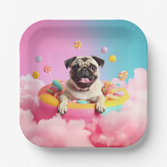 Pappteller mit süßem lustigen Mops Hund (Vorderseite)