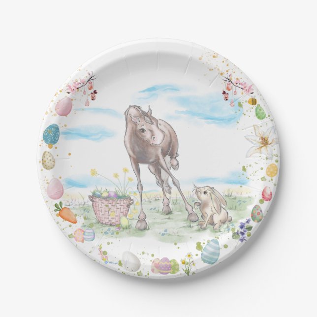 Pappteller Ostermotiv, Süsses Hase mit Pferd (Vorderseite)