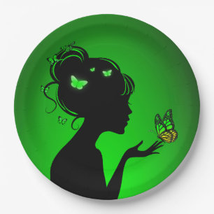 Pappuntersetzer Die Frau grüne Schmetterlinge Pappteller