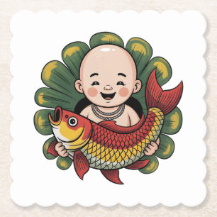 Pappuntersetzer Niedlicher Junge mit Lucky Koi Untersetzer