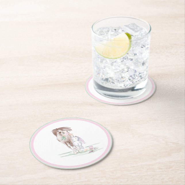 Pappuntersetzer Ostermotiv, Pferd und Hase Runder Pappuntersetzer (Vor Ort)