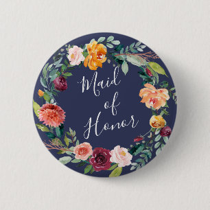 Paprika Burgund Floral Maid of Honor Knopf Button