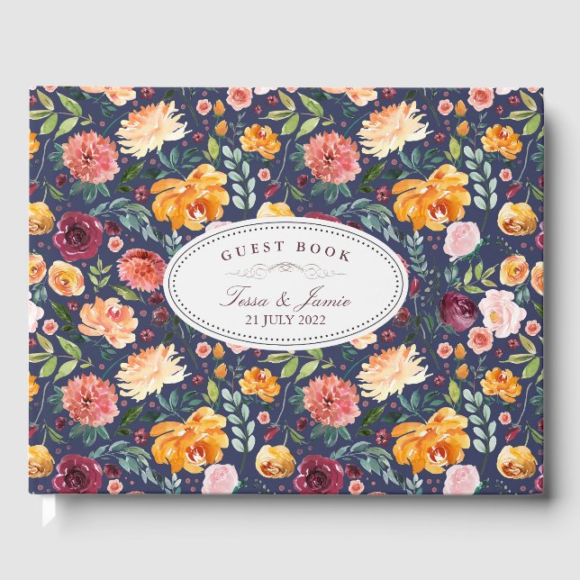 Paprika Burgundy Floral Wedding Guest Book Gästebuch (Vorderseite)