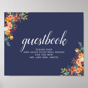 Paprika Burgundy Floral Wedding Guestbook Sign Poster