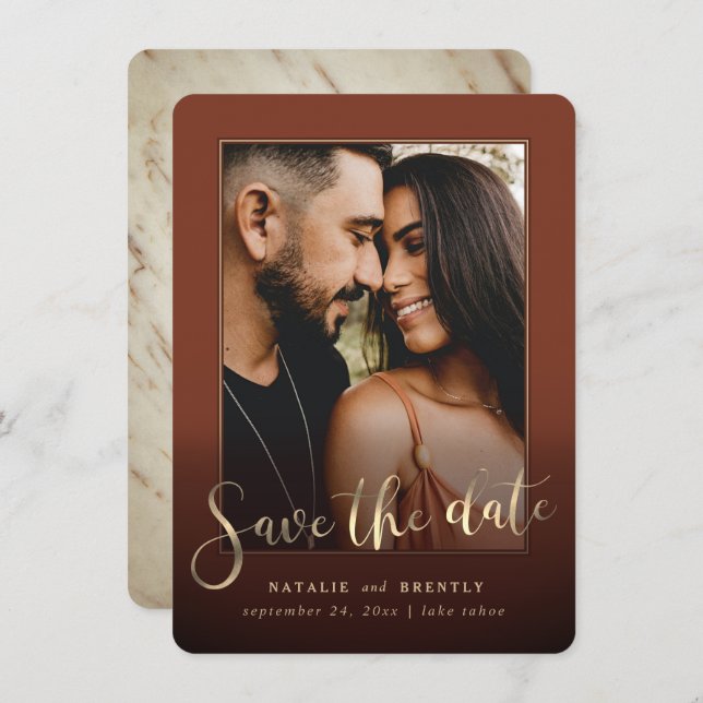 Paprika Sienna Gold Script & Marble Foto Overlay Save The Date (Vorne/Hinten)