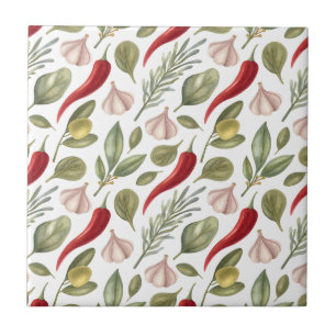 Paprikaschoten, Knoblauch, Oliven und Kräuter aus  Fliese