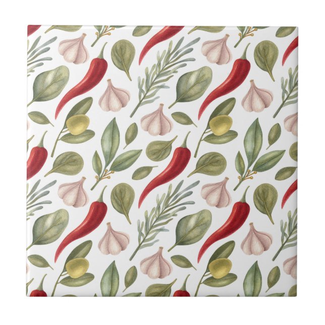 Paprikaschoten, Knoblauch, Oliven und Kräuter aus  Fliese (Vorderseite)