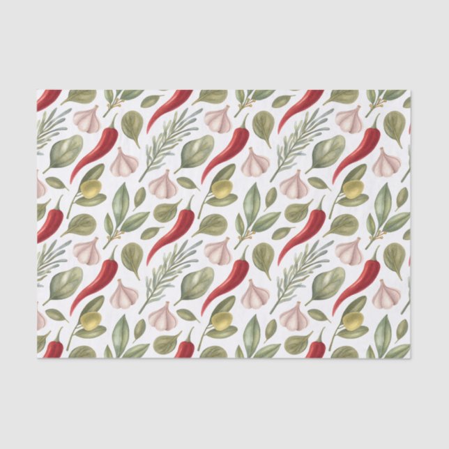 Paprikaschoten, Knoblauch, Oliven und Kräuter aus  Seidenpapier (Vorderseite)