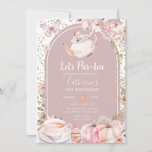 Par-tea Birthday Tea Party Girl Pumpkin Einladung (Vorderseite)