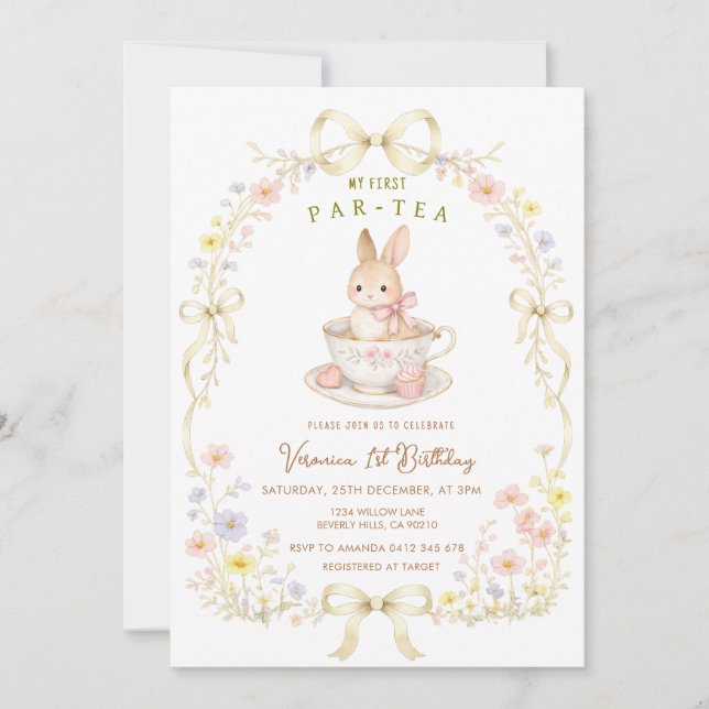 Par-Tea Bunny 1st Birthday wildflower  Einladung (Vorderseite)