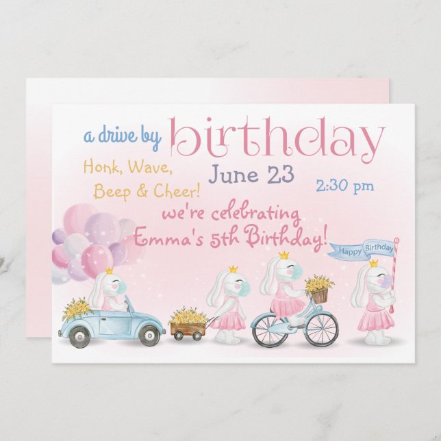 Parade von Pink Bunnies Drive by Birthday Einladung (Vorne/Hinten)