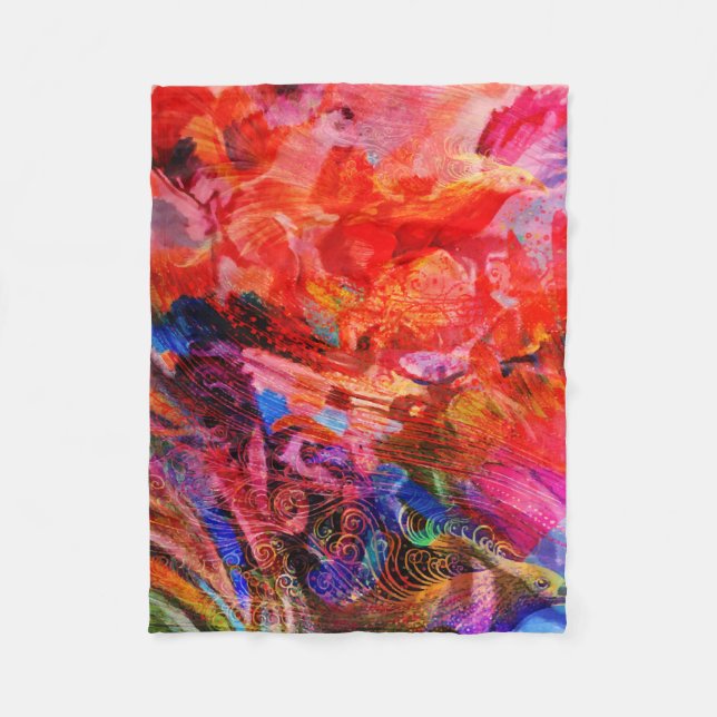 Paradies Blumen Vogel Phönix Flammen Kunst Fleecedecke (Vorderseite)