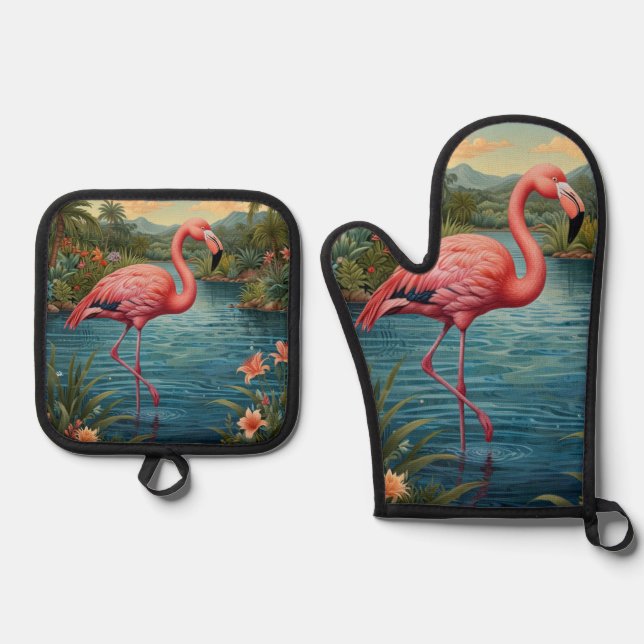 Paradies für Rosa Flamingo Ofenhandschuh & Topflappen-Set (Vorderseite)