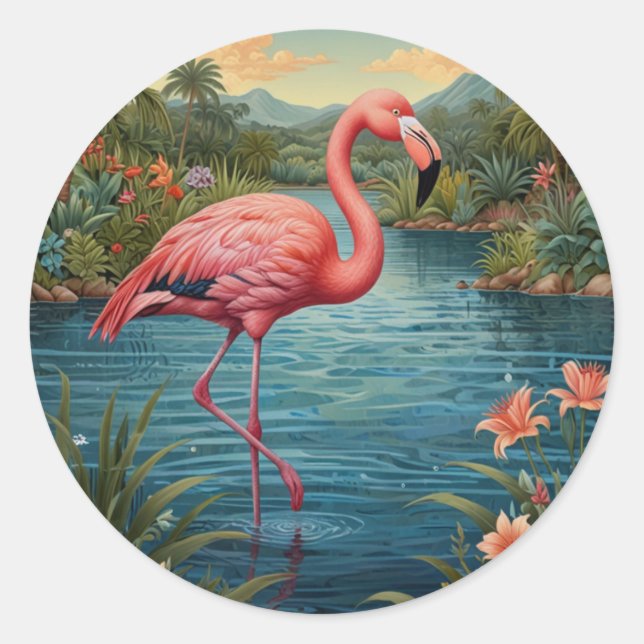 Paradies für Rosa Flamingo Runder Aufkleber (Vorderseite)