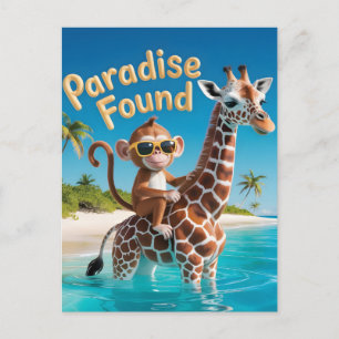 Paradies gefunden, Affe reitet Giraffe im Ozean Postkarte