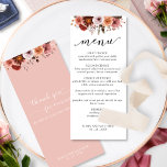 Paradies in der Rose, Blumengerichte in Wasserfarb Menükarte<br><div class="desc">Freuen Sie sich auf diese exquisite Menükarte. Design koordiniert unseren Himmel in Rose Hochzeit und Event Einladungen. Set-Ausschnitt-Design mit einer einzigartigen, rosa, staubigen Rose, Pfirsich und Bordeaux-Anordnung und unten Ihren Namen und Datum. Handgeschriebene Schrift Typografie auf der Rückseite und vorne mit Dankeschön an die Gäste. Zurück in einem romantischen rot-rosa...</div>