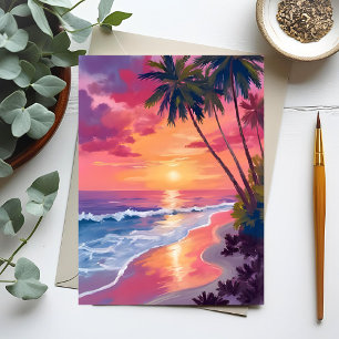 Paradies-Sonnenuntergang   Rosa tropische Aquarell Postkarte