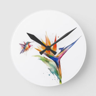 Paradies- und Kolibri in Aquarellfarben Runde Wanduhr