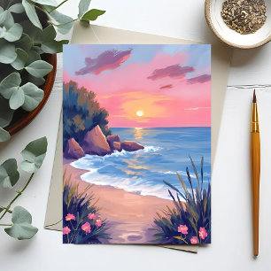 Paradiesbucht   Rosa Aquarell-Ozeanwellen Sonnenun Postkarte