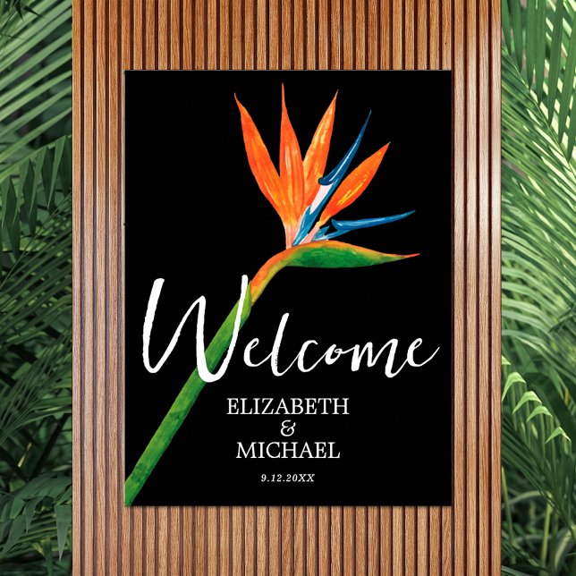 Paradiesvogel auf der Schwarzen Hochzeit Willkomme Poster (Tropical bird of paradise on black wedding welcome poster - INSTANT DOWNLOAD and/or PRINTED)