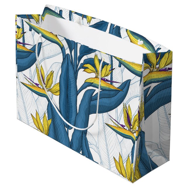 Paradiesvogel auf Weiß-Blume Große Geschenktüte (Rückseite Schrägansicht)