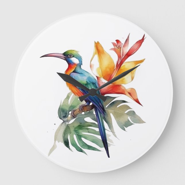 Paradiesvogel, bunter Phantasy-Vogel 'n Blume Große Wanduhr (Vorderseite)