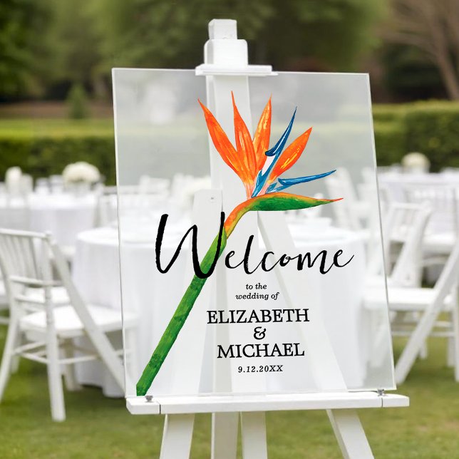 Paradiesvogel mit tropischer Blume Willkommen Acrylschild (Tropical floral bird of paradise wedding welcome acrylic sign)