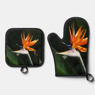 Paradiesvogel Orangefarbene Tropenblume Ofenhandschuh & Topflappen-Set