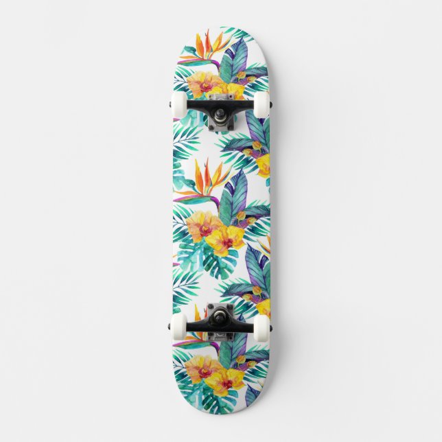 Paradiesvogel u. Orchideen-Muster Skateboard (Vorderseite)
