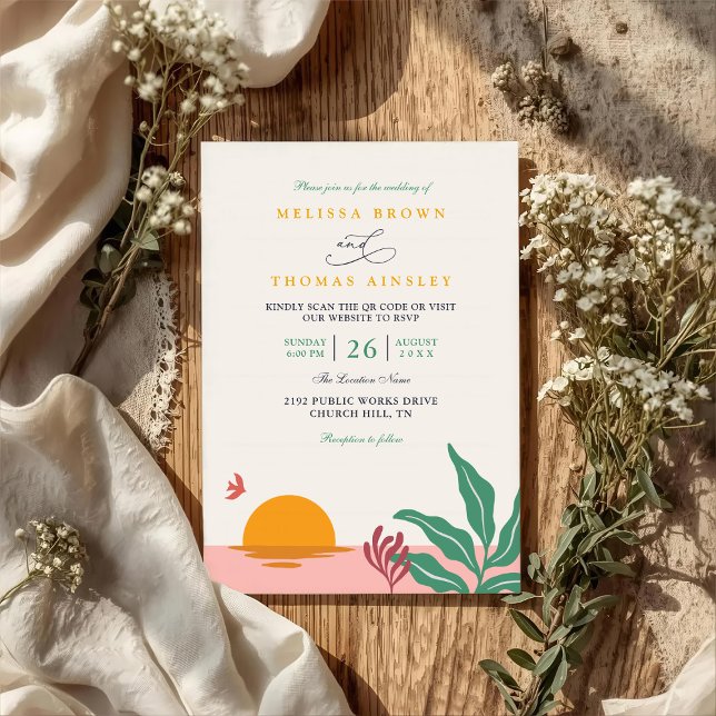 Paradise Beach Tropical Vintage QR Code Wedding Einladung (Von Creator hochgeladen)