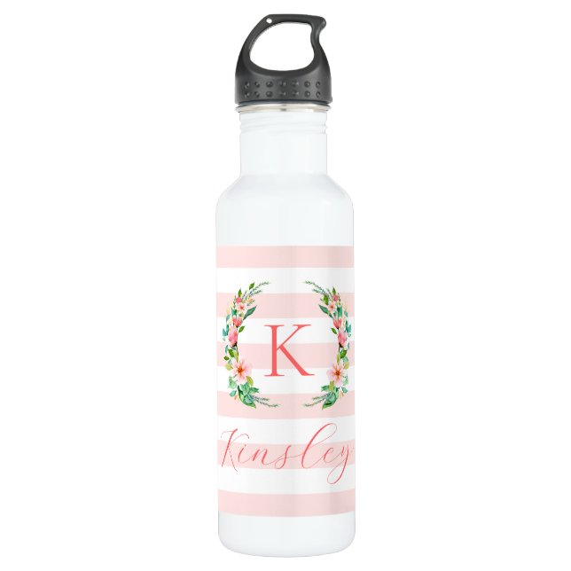 Paradise Floral und Streifen Monogramm Edelstahlflasche (Vorderseite)