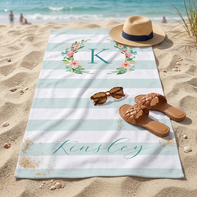 Paradise Floral und Streifen Monogramm Strandtuch (Von Creator hochgeladen)