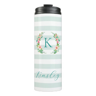 Paradise Floral und Streifen Monogramm Thermosbecher